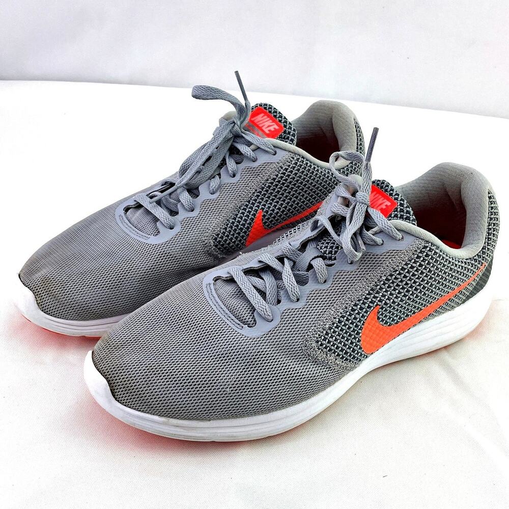 NIKE Revolution 3 Women Wolf Grey Hyper Orange Running Shoes 819303-002 Sz 10